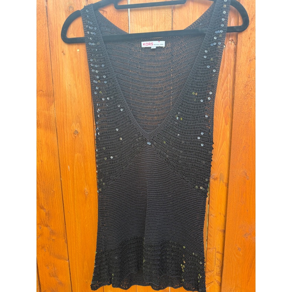 Kors Michael Kors Sequin Crochet Knit V-Neck Tank Top Brown Black Large